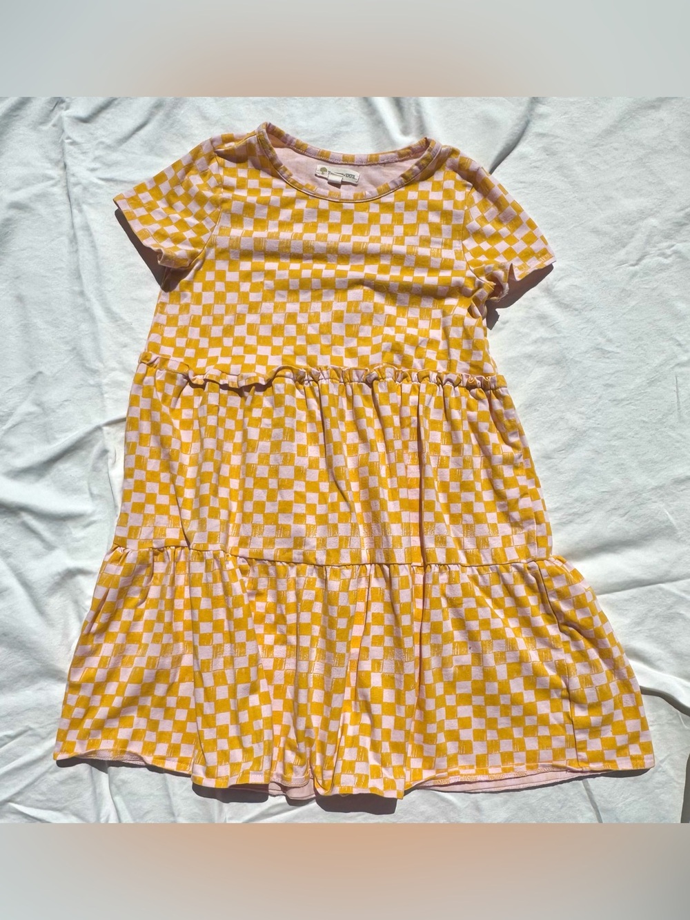 Tucker + Tate Pink and Yellow Checkered Short Sleeve Tiered Dress size 7
